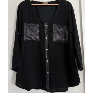 Black Linen Sequin Button Front Tunic Shirt Relaxed Sparkle Festive Goth Glam